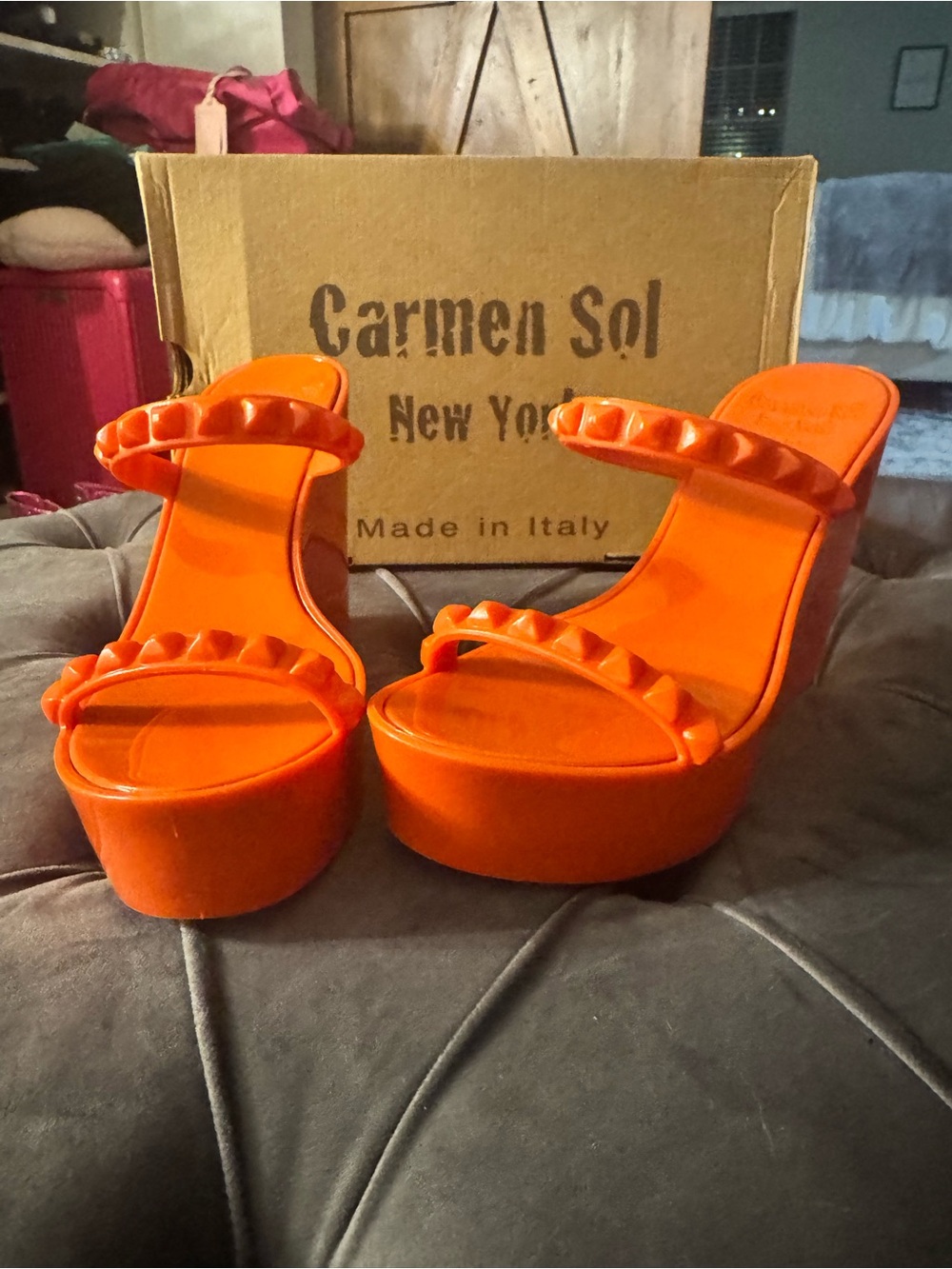 Carmen Sol Orange Platform Slide Sandals - Women's RARE color Narrow